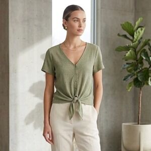 NEW Sanctuary Womens Medium Button Front Tie Textured Knit Top Tee Sage Green